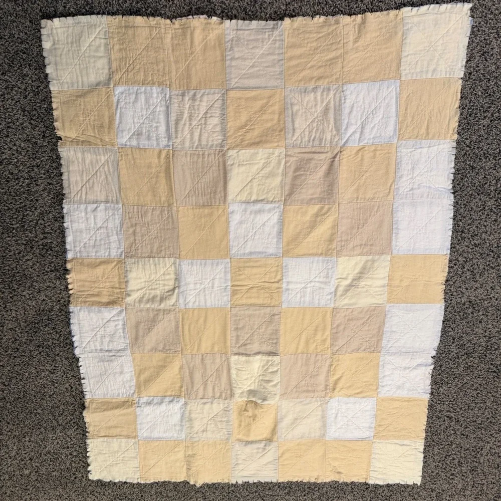 Handmade Patchwork Rag Quilt Blanket Nursery Toddler Blue Yellow Olive 53